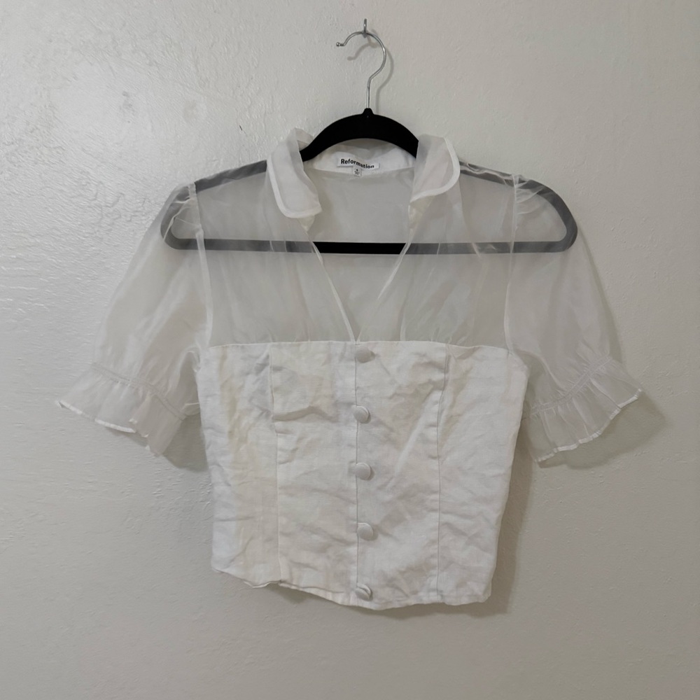 Reformation White Sheer Yoke Corset-Style Blouse